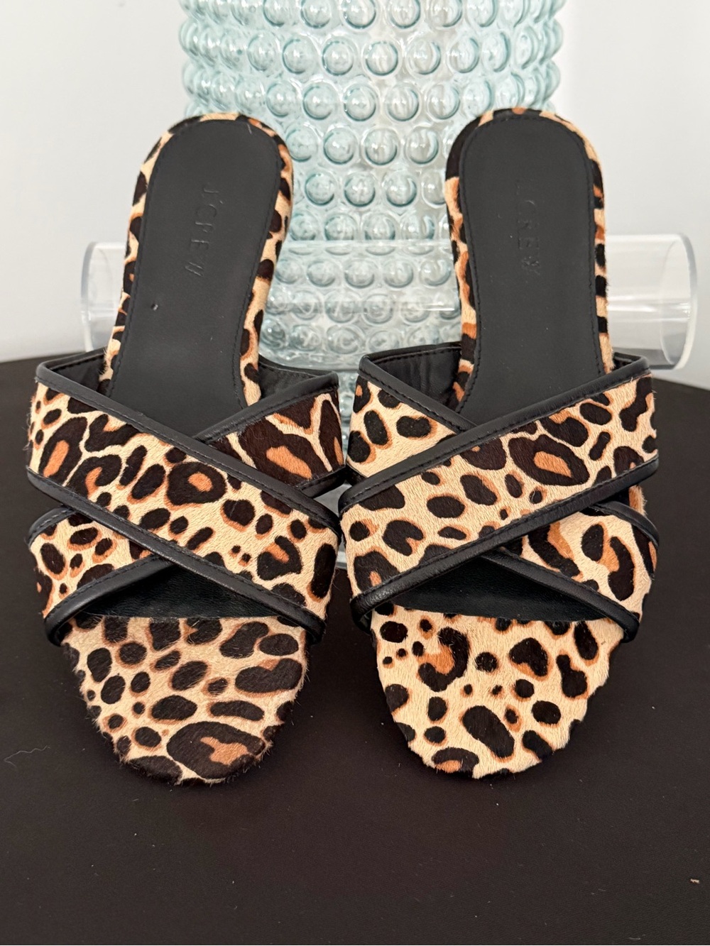 J. Crew Cora leopard calf hair criss cross slide sandals NWOT